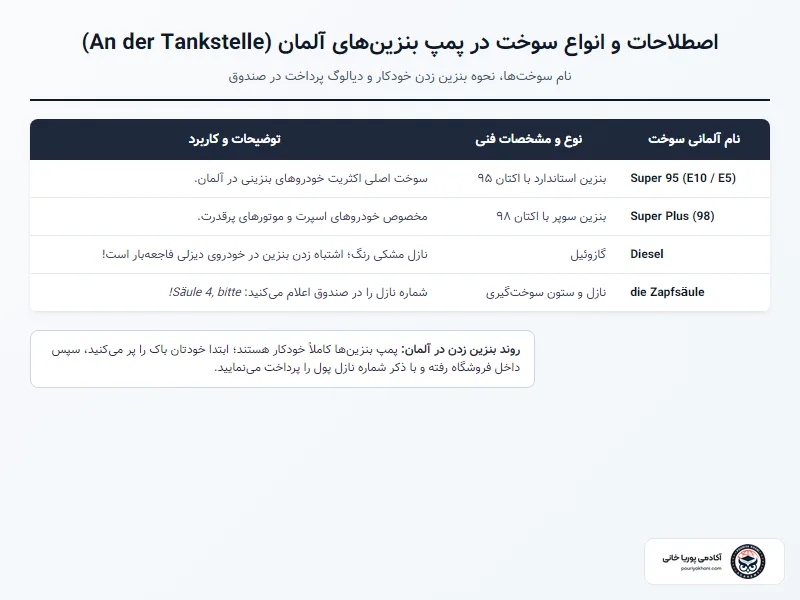 جدول انواع سوخت و اصطلاحات پمپ بنزین در آلمان